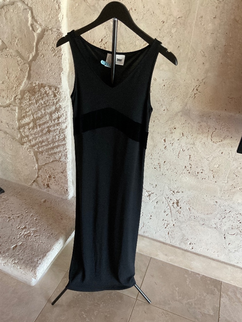 DKNY Black Short Sleeve dress with velvet trim Size small